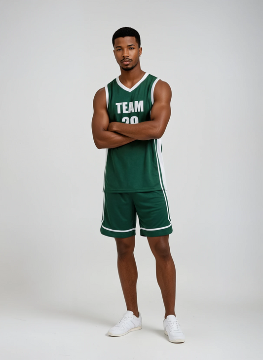 Style 803 green/white Basketball Uniforms
