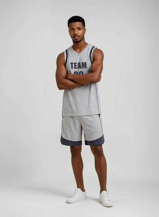 Style 819 grey/dark blue Basketball Uniforms