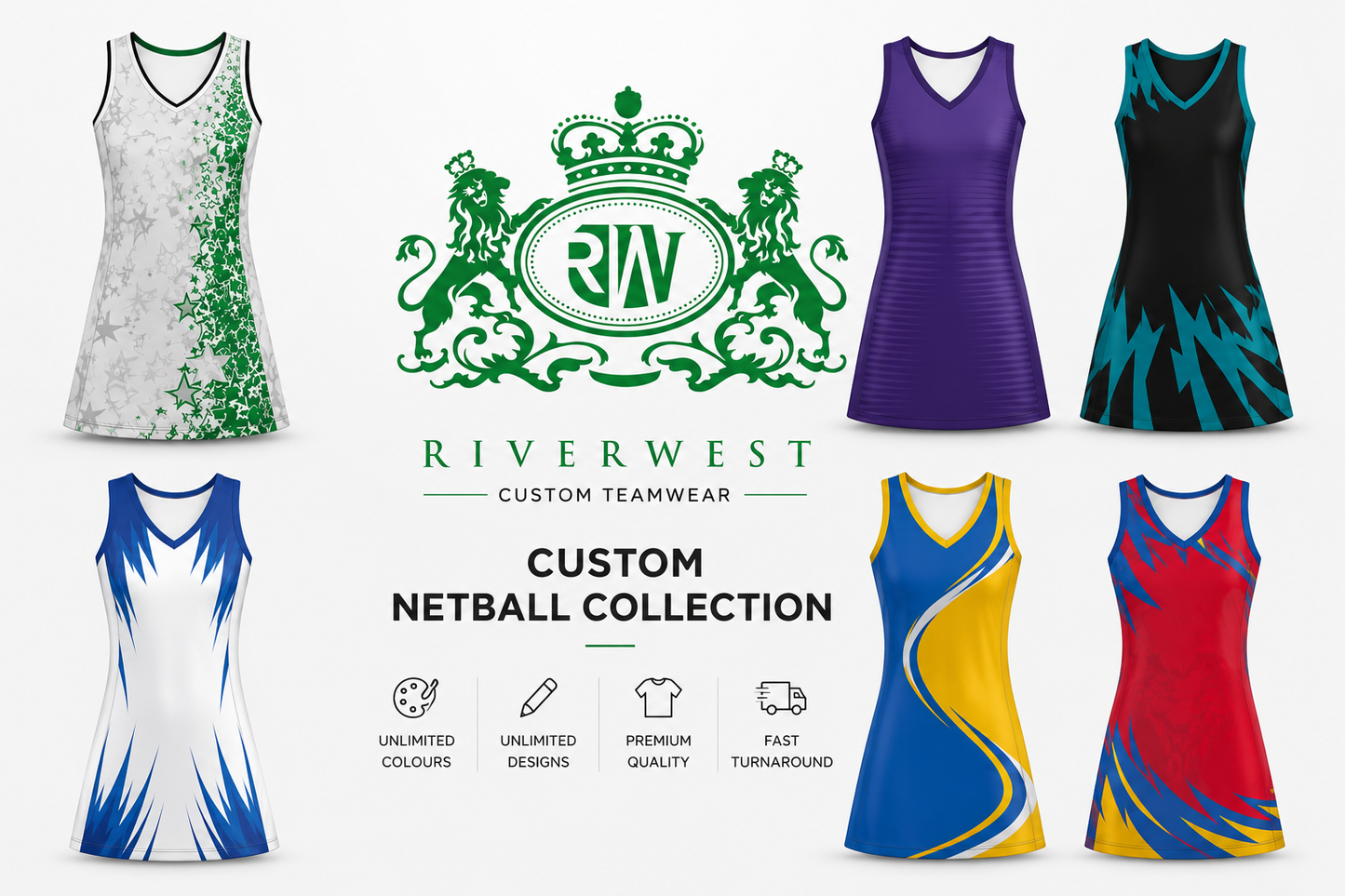 Custom Netball Dresses Collection | Free Logos & Team Name | Optional Bibs